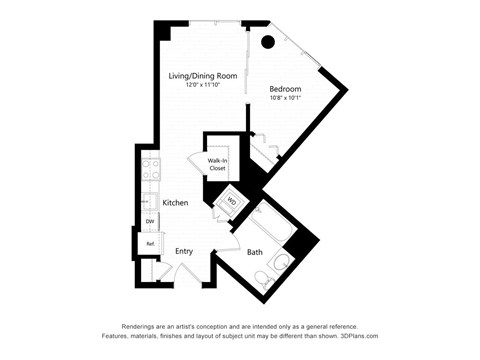 Floor plan for studio, 1 bath, 502 sqft